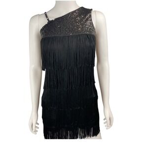 Balera‎ Sequin Fringe One Shoulder Dress Black Sleeveless Flapper Costume